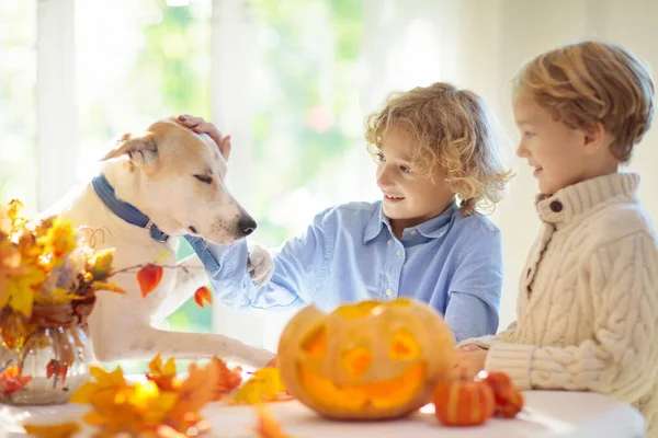 Famiglia Intaglio Zucca Celebrazione Halloween Ragazzo Ragazza Bambino Taglio Jack — Foto Stock