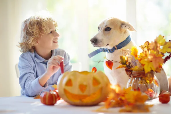 Rodinná Řezbářská Dýně Oslavu Halloweenu Chlapec Dívka Řezání Jack Lucerna — Stock fotografie