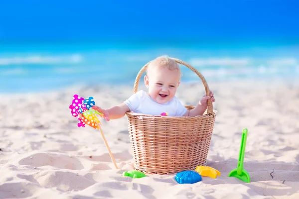 婴儿放在篮子在海滩上 — 图库照片