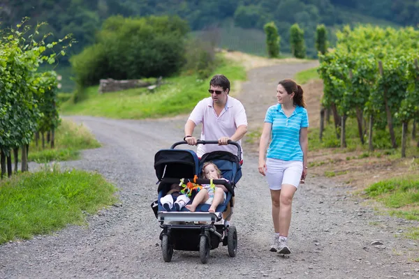 徒步旅行与双童车的父母 — 图库照片