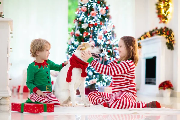 自宅でクリスマス クリスマスツリーの下の子供と犬 サンタの帽子の小さな男の子と女の子の抱擁ペットとオープンクリスマスプレゼント 子供は動物と遊ぶ 冬の休日のお祝い 愛と友情 — ストック写真