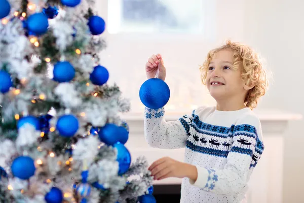Child Decorating Christmas Home Opening Gifts Presents Christmas Morning Blue — Stock Photo, Image
