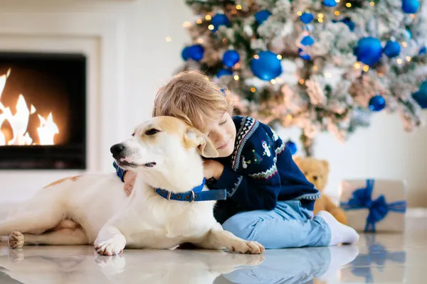집에서 크리스마스를 보내자 Xmas 아래의 아이들 모자쓰고 크리스마스 선물열고 강아지안아 — 스톡 사진