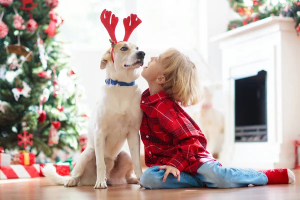 Evde Noel Çocuklar Köpek Ren Geyiği Boynuzları Içinde Xmas Ağacının — Stok fotoğraf