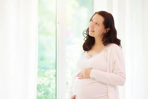 Mujer Embarazada Casa Asiática Embarazada Madre Blanco Dormitorio Embarazo Saludable — Foto de Stock