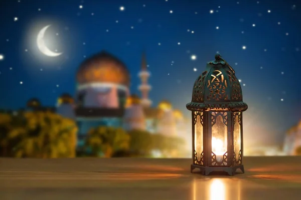 Ramadan Kareem Hälsar Islamisk Lykta Natthimmel Med Halvmåne Och Stjärnor — Stockfoto