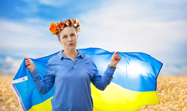 Моліться Україну Плачуча Жінка Українським Прапором Сумна Жінка Сльозах Махає — стокове фото