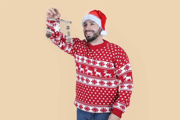 Hispanic Latino Man Christmas Hat Puts Christmas Decorations — Stock Photo, Image