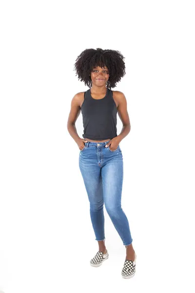 Porträt Einer Ausdrucksstarken Afrofrau Weißer Hintergrund — Stockfoto