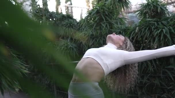 Pretty Woman Curly Hair Yoga Teacher Poses — Stockvideo
