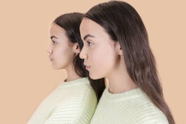 İki ikiz kardeşin yakın plan profili.