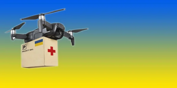 Dron Dostarczanie Pakietu Sos Ukraina Koncepcja Pomocy Humanitarnej — Zdjęcie stockowe