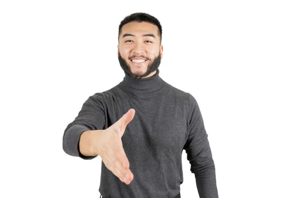 Joven Hombre Asiático Guapo Con Barba Sobre Fondo Blanco Sonriendo —  Fotos de Stock