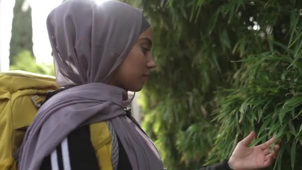 Mooie Arabische Vrouw Met Jihad Backpacker Natuur Ontroerende Planten Bij — Stockvideo