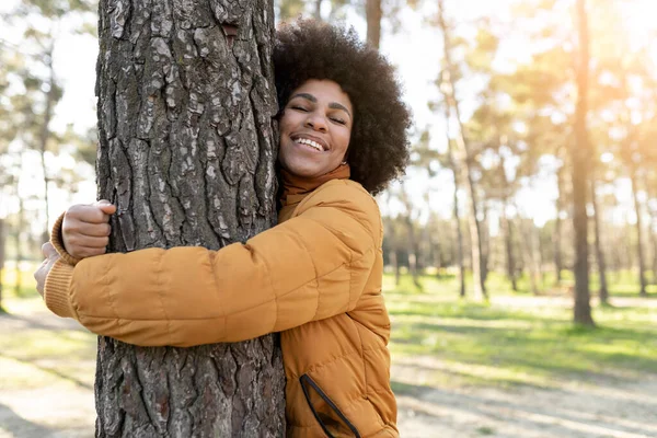 Mujer Afroamericana Muy Feliz Abrazando Enorme Tronco Árbol Parque Con — Foto de Stock