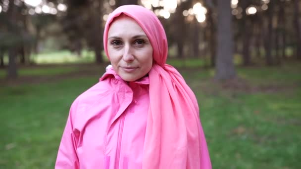 Woman Field Her Back Pink Headscarf International Breast Cancer Day — Stock Video