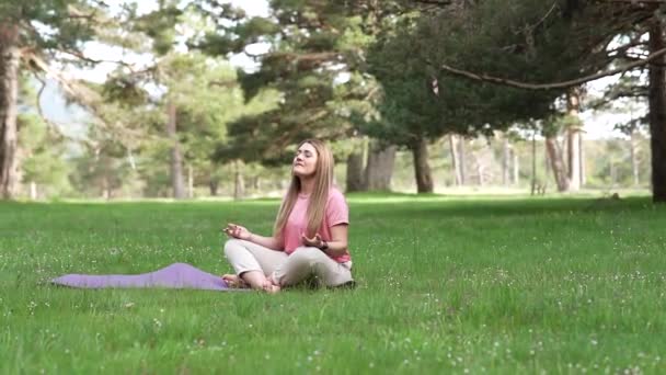 Kaukasische Reife Frau Mit Bequemen Kleidern Macht Yoga Der Natur — Stockvideo