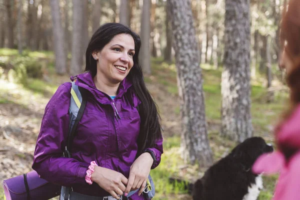 Mature Woman Trekking Mountain Happy Hiker Resting Forest Her Dog — Fotografia de Stock