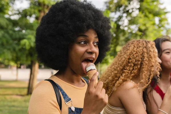Pretty Afro American Woman Eating Ice Cream Park Friends — Foto de Stock