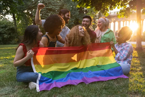 Group Diverse People Gay Pride Rainbow Flag Pride Day Celebrations — Stockfoto