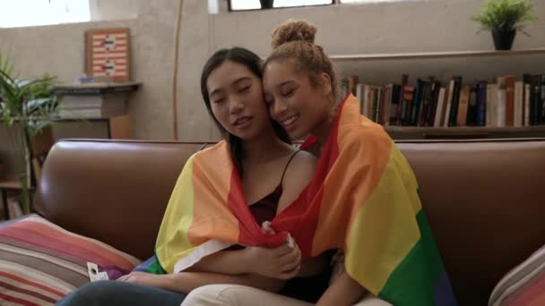 Two Young Women Home Lgbt Gay Pride Flag Beautiful Lesbian — Video