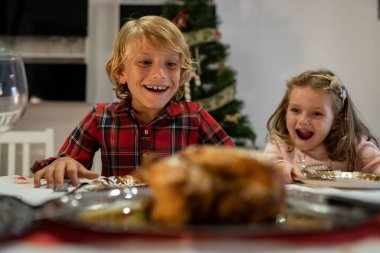 Noel yemeğinde, aileyle, çocuklar ve kardeşlerle birlikte yüzlerinde şaşkın ve aç bir bakışla Noel hindisine bakıyorlar..