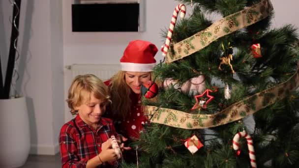 Mère Heureuse Avec Son Fils Caucasien Décorer Arbre Noël — Video