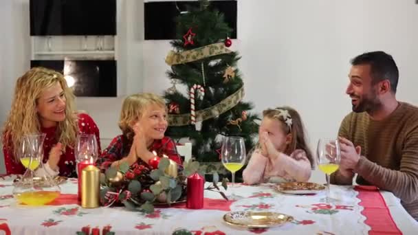Family Having Dinner Home Celebrating Christmas Eve Traditional Food Decoration — Stock Video