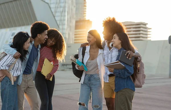 Group Diverse Students Having Fun Outdoors City Sunny Summer Day — Fotografia de Stock