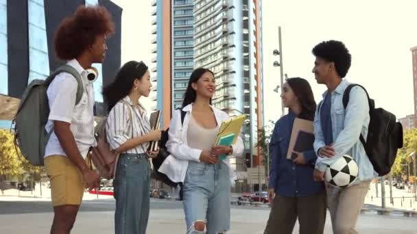 Diverse Friends Standing Outdoors Together Chatting Class Books Hands — Stock Video