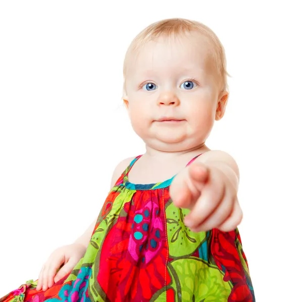 Engraçado bebê menina apontando dedo — Fotografia de Stock