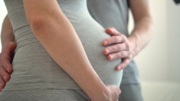 Gravid kvinna och hennes man håller hand tillsammans. Familjen är lycklig i väntan på barnet. — Stockvideo