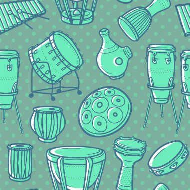 Renkli perküsyonlu, pürüzsüz arka plan. Müzik baskısı. Vektör elle çizilmiş müzik aletleri kalıbı. Paket, kumaş, duvar kağıdı, arkaplan, kapak tasarımı için dekoratif desen.
