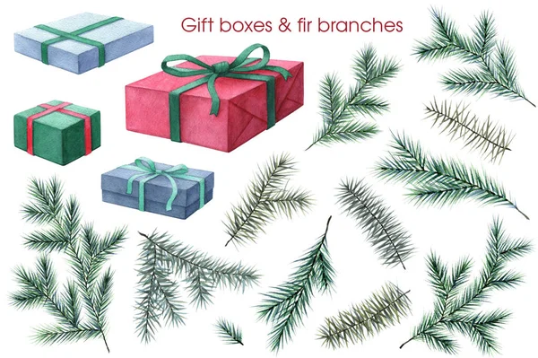 Hediye Kutuları Köknar Dallarıyla Suluboya Noel Çizimleri Noel Süslemesi — Stok fotoğraf