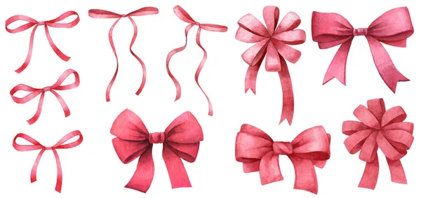 Watercolor Illustrations Red Bows Silk Red Bows Illustrations Set — Stock Photo, Image