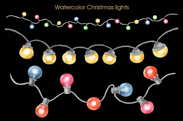 Υδατογραφία Χριστούγεννα Φώτα Εικονογράφηση Διακοπές Γιρλάντα Σετ Χριστουγεννιάτικα Φώτα — Φωτογραφία Αρχείου
