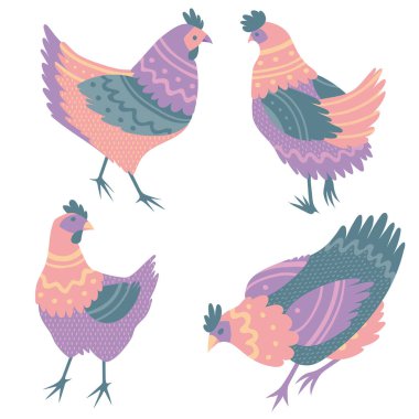 Çizgi film çiftlik kuşları vektör çizimi. Tavuklar, horozlar, tavuk vektörü ayarlandı. Düz dizayn baskısı.