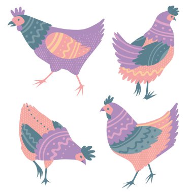 Çizgi film çiftlik kuşları vektör çizimi. Tavuklar, horozlar, tavuk vektörü ayarlandı. Düz dizayn baskısı.