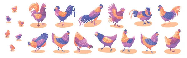 Illustration Vectorielle Oiseaux Ferme Dessin Animé Poules Coqs Poulets Ensemble — Image vectorielle
