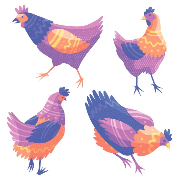 Cartoon Bauernhof Vögel Vektor Illustration Hühner Hähne Hühner Flachbild Druck — Stockvektor