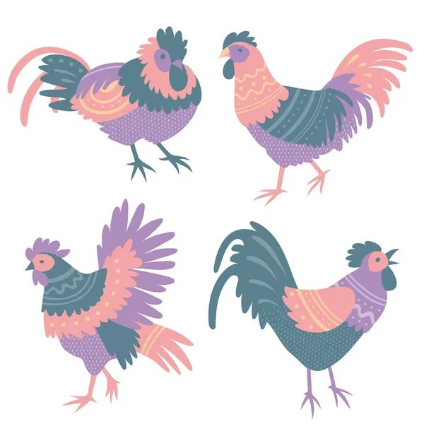 Εικονογράφηση Φορέα Cartoon Farm Πτηνών Όρνιθες Κόκκορες Κοτόπουλα Επίπεδη Εκτύπωση — Διανυσματικό Αρχείο