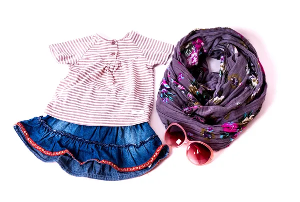 Smukke baby kit, denim nederdel med en bluse - Stock-foto