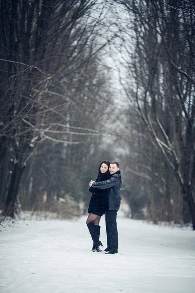 Verliebtes Paar küsst sich im Winterwald — Stockfoto