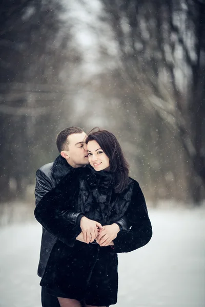 Pareja enamorada besándose en el bosque de invierno — Foto de Stock