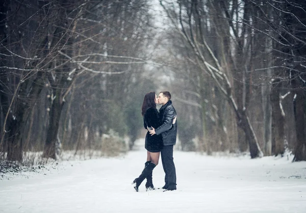 Couple amoureux embrasser dans la forêt d'hiver Photo De Stock