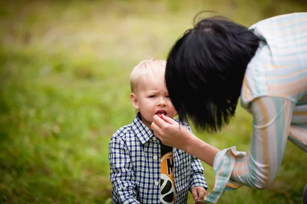 Mother feeds her son — Stock Photo, Image