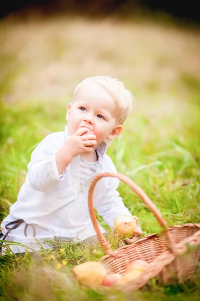 Little boy with a basket and eats it with fruit — Stock Photo, Image