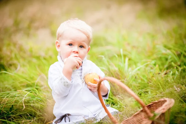 Petit garçon avec un panier et le mange avec des fruits — Photo