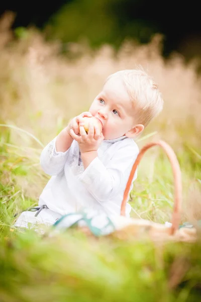 Little boy with a basket and eats it with fruit — Stock Photo, Image