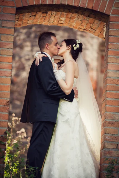 Boda. novia y novio abrazándose contra el telón de fondo de un edificio viejo —  Fotos de Stock